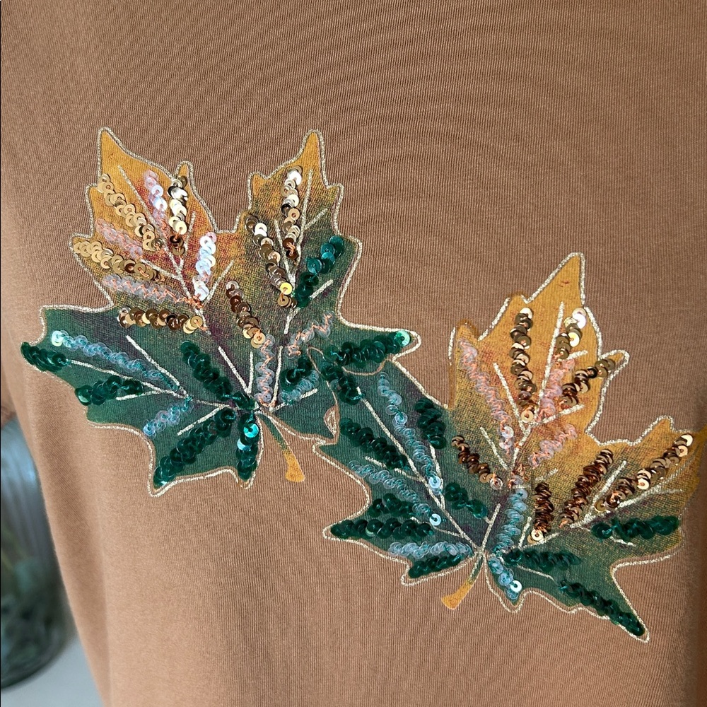 J. crew fall sequin leaf collectors Tee cotton tan, brown, green tee shirt L - Picture 4 of 11